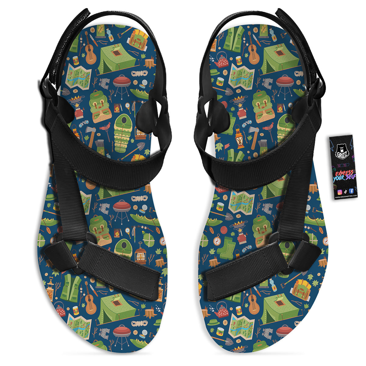 Cute Camping Equipment Print Pattern Black Open Toe Sandals-grizzshop