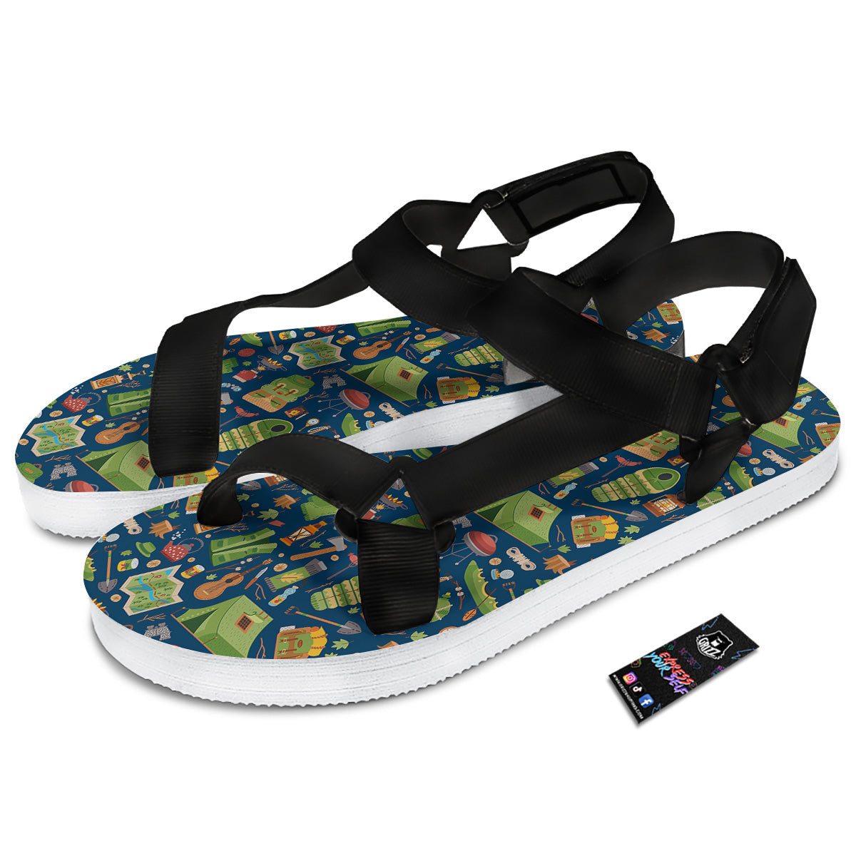 Cute Camping Equipment Print Pattern Black Open Toe Sandals-grizzshop