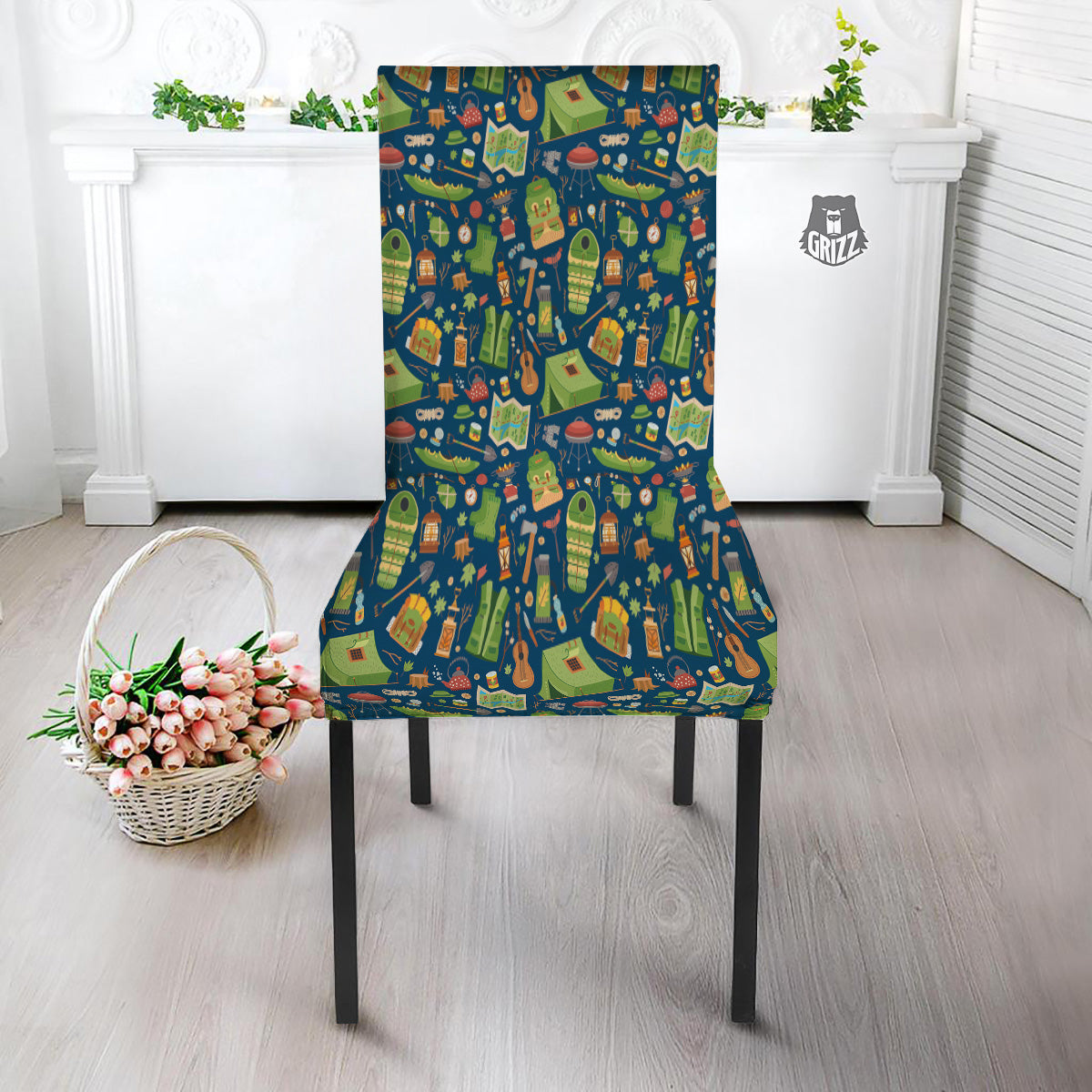 Cute Camping Equipment Print Pattern Dining Chair Slipcover-grizzshop