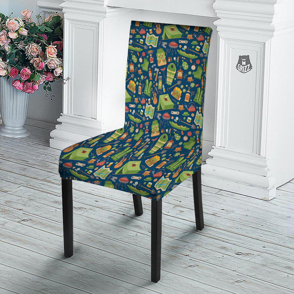 Cute Camping Equipment Print Pattern Dining Chair Slipcover-grizzshop
