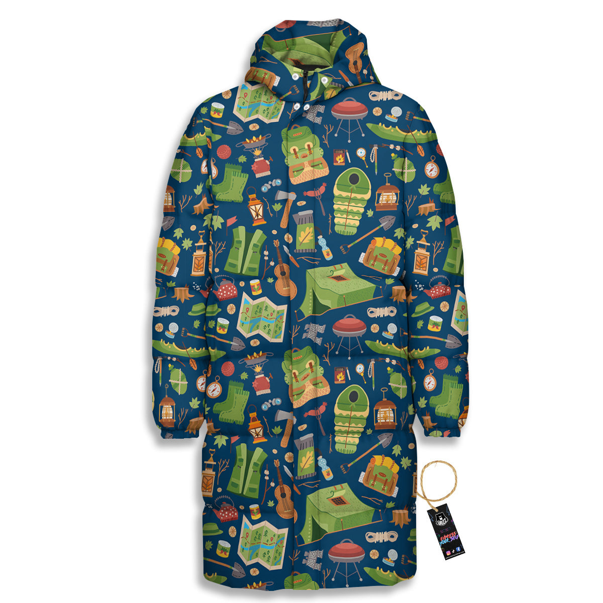 Cute Camping Equipment Print Pattern Long Down Jacket-grizzshop