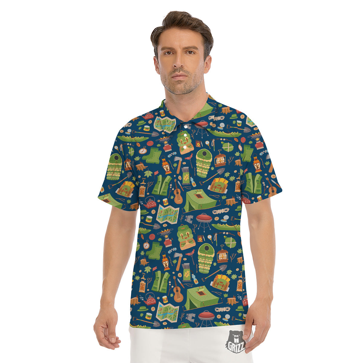 Cute Camping Equipment Print Pattern Men's Golf Shirts-grizzshop