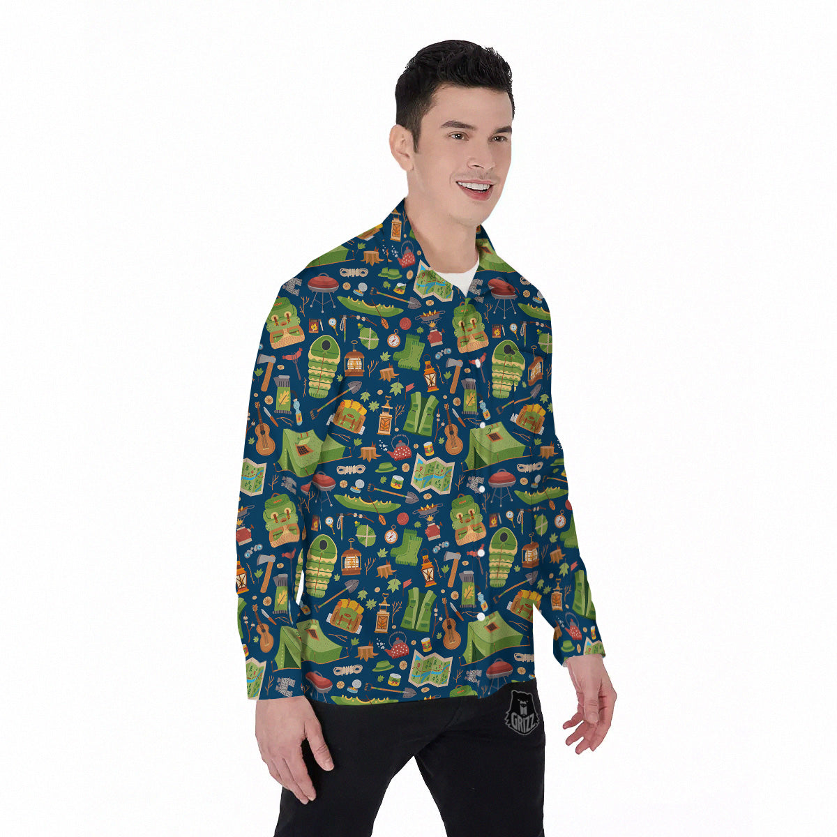 Cute Camping Equipment Print Pattern Men's Long Sleeve Shirts-grizzshop