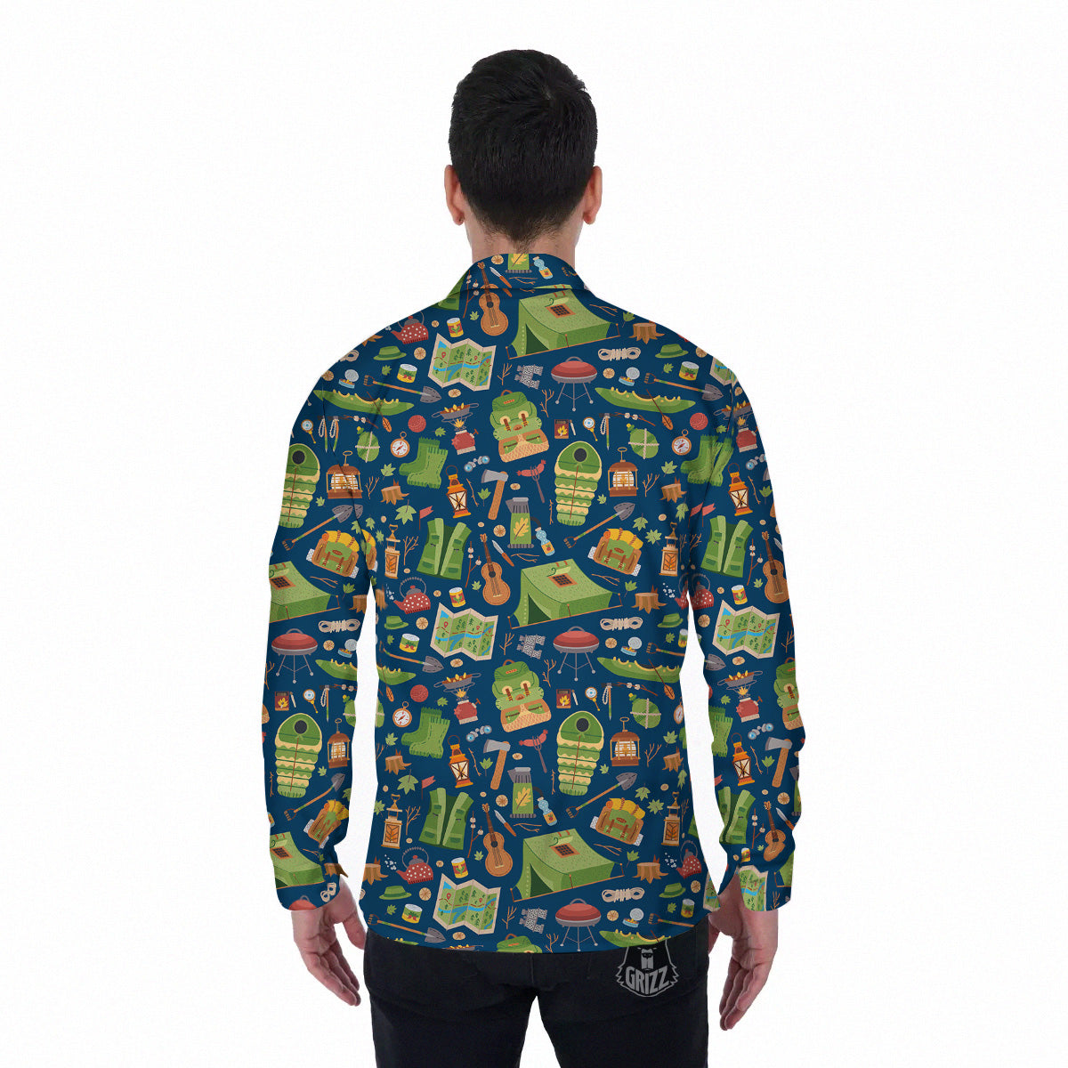 Cute Camping Equipment Print Pattern Men's Long Sleeve Shirts-grizzshop