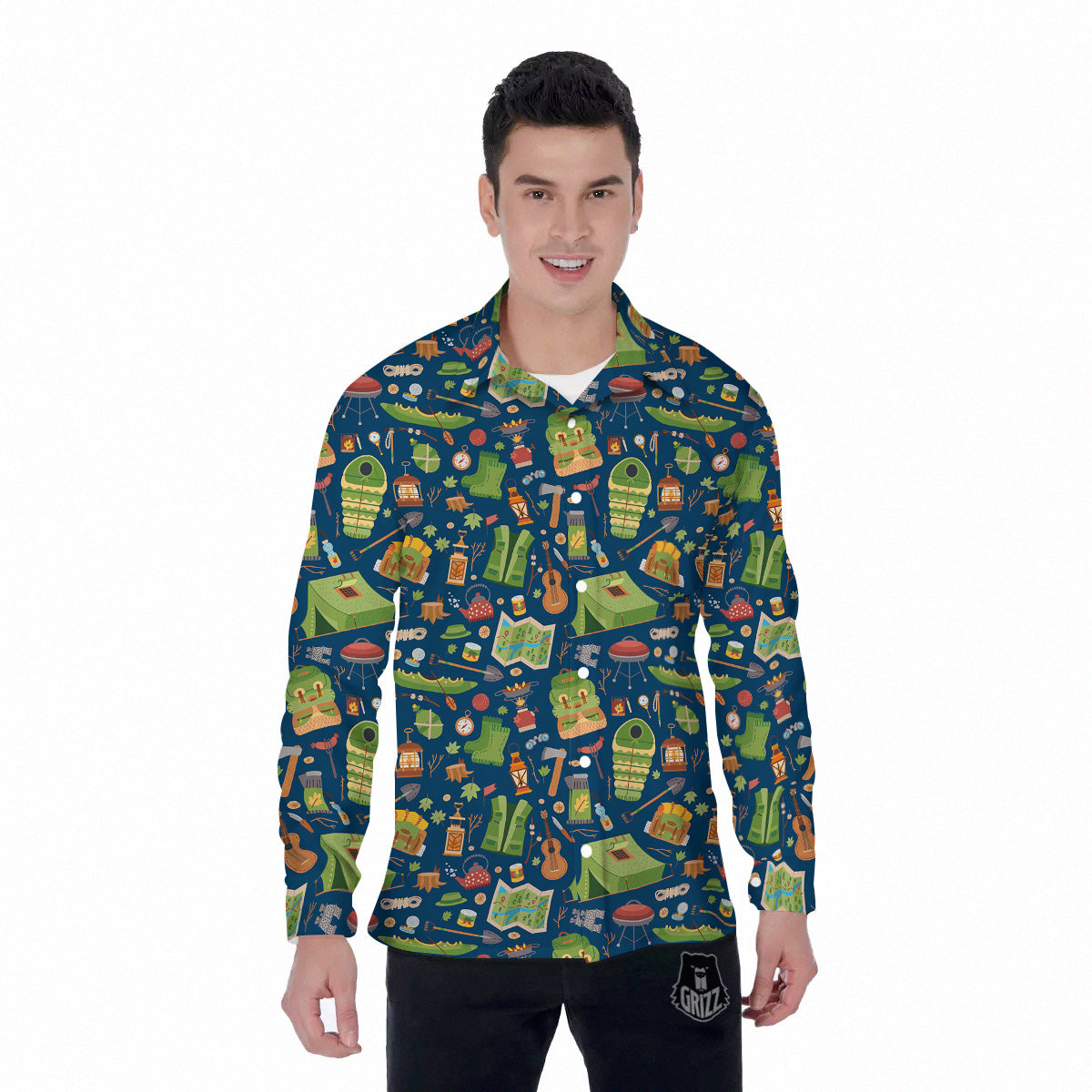 Cute Camping Equipment Print Pattern Men's Long Sleeve Shirts-grizzshop