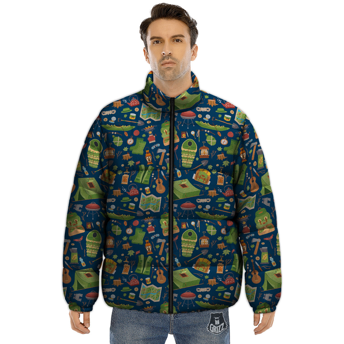 Cute Camping Equipment Print Pattern Puffer Jacket-grizzshop