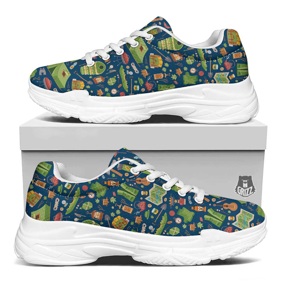 Cute Camping Equipment Print Pattern White Chunky Shoes-grizzshop