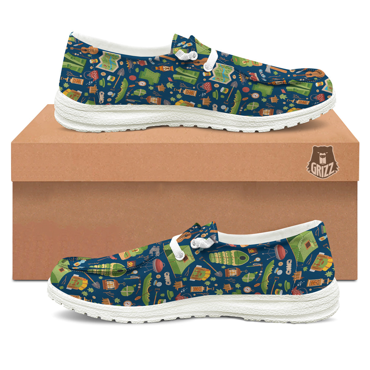 Cute Camping Equipment Print Pattern White Loafers-grizzshop
