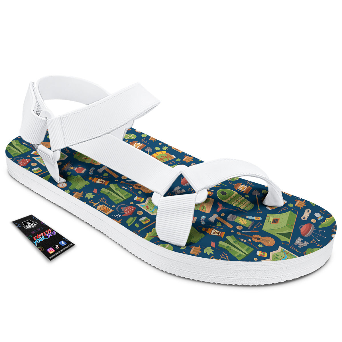 Cute Camping Equipment Print Pattern White Open Toe Sandals-grizzshop