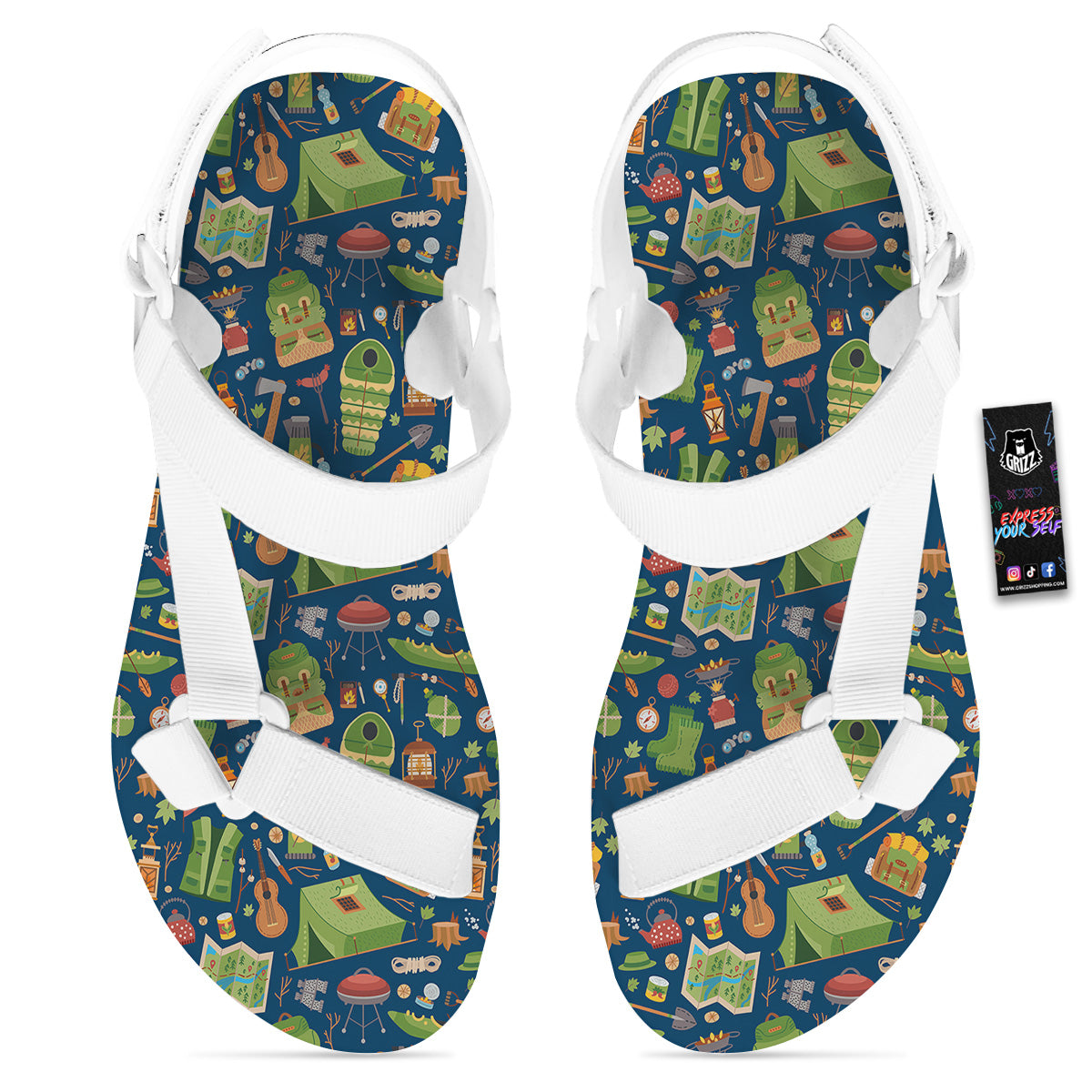 Cute Camping Equipment Print Pattern White Open Toe Sandals-grizzshop