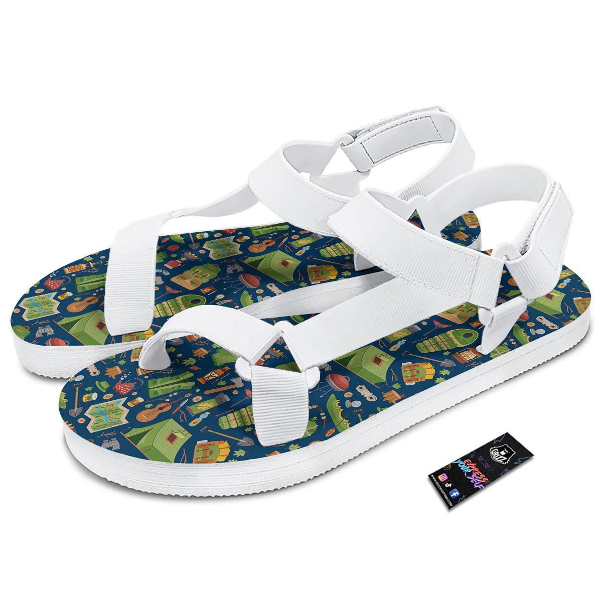 Cute Camping Equipment Print Pattern White Open Toe Sandals-grizzshop