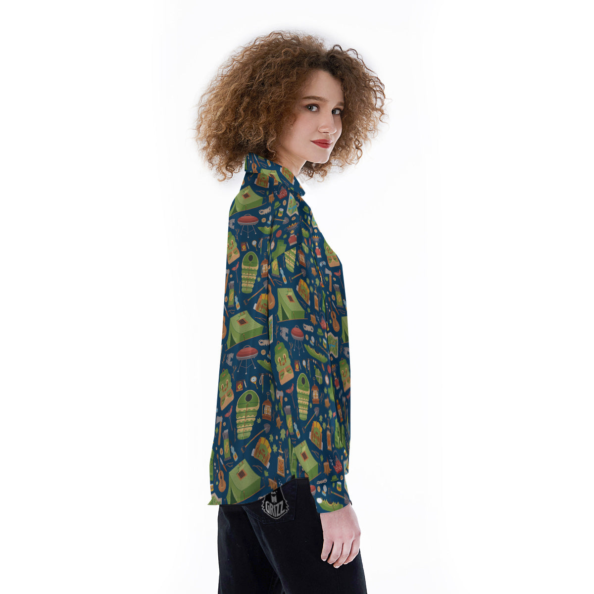 Cute Camping Equipment Print Pattern Women's Long Sleeve Shirts-grizzshop