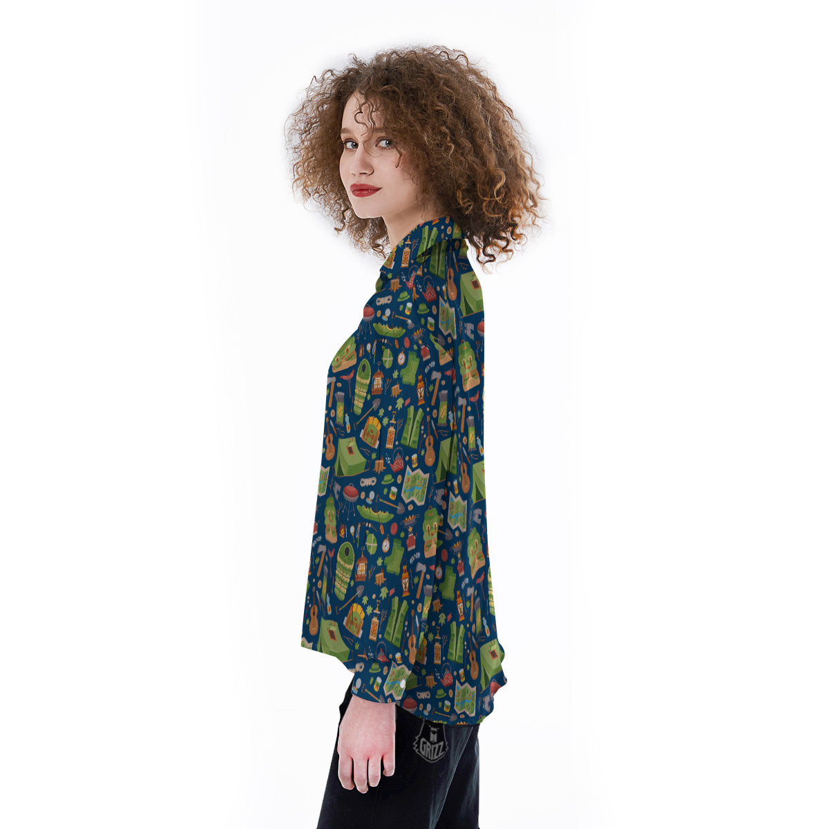 Cute Camping Equipment Print Pattern Women's Long Sleeve Shirts-grizzshop