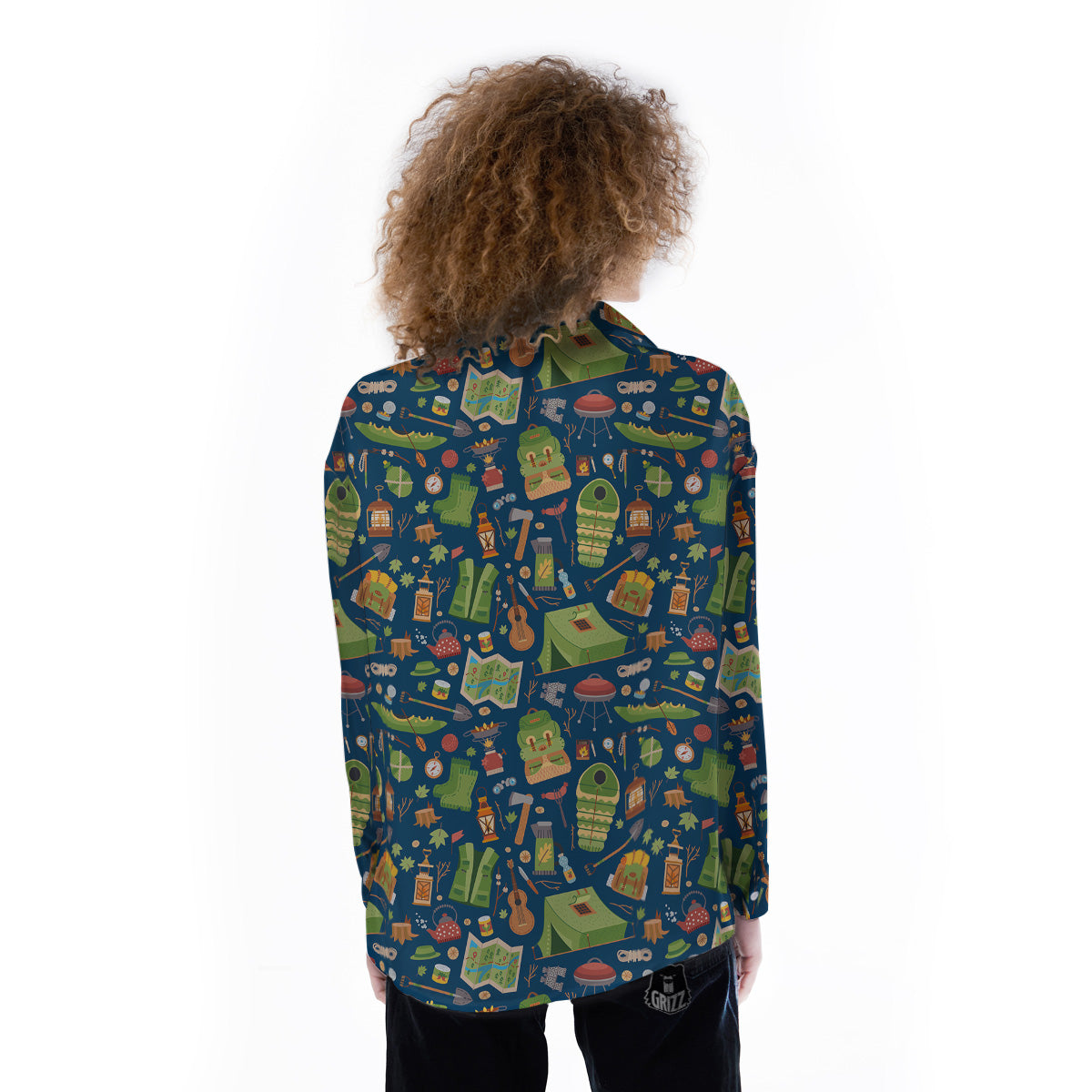 Cute Camping Equipment Print Pattern Women's Long Sleeve Shirts-grizzshop