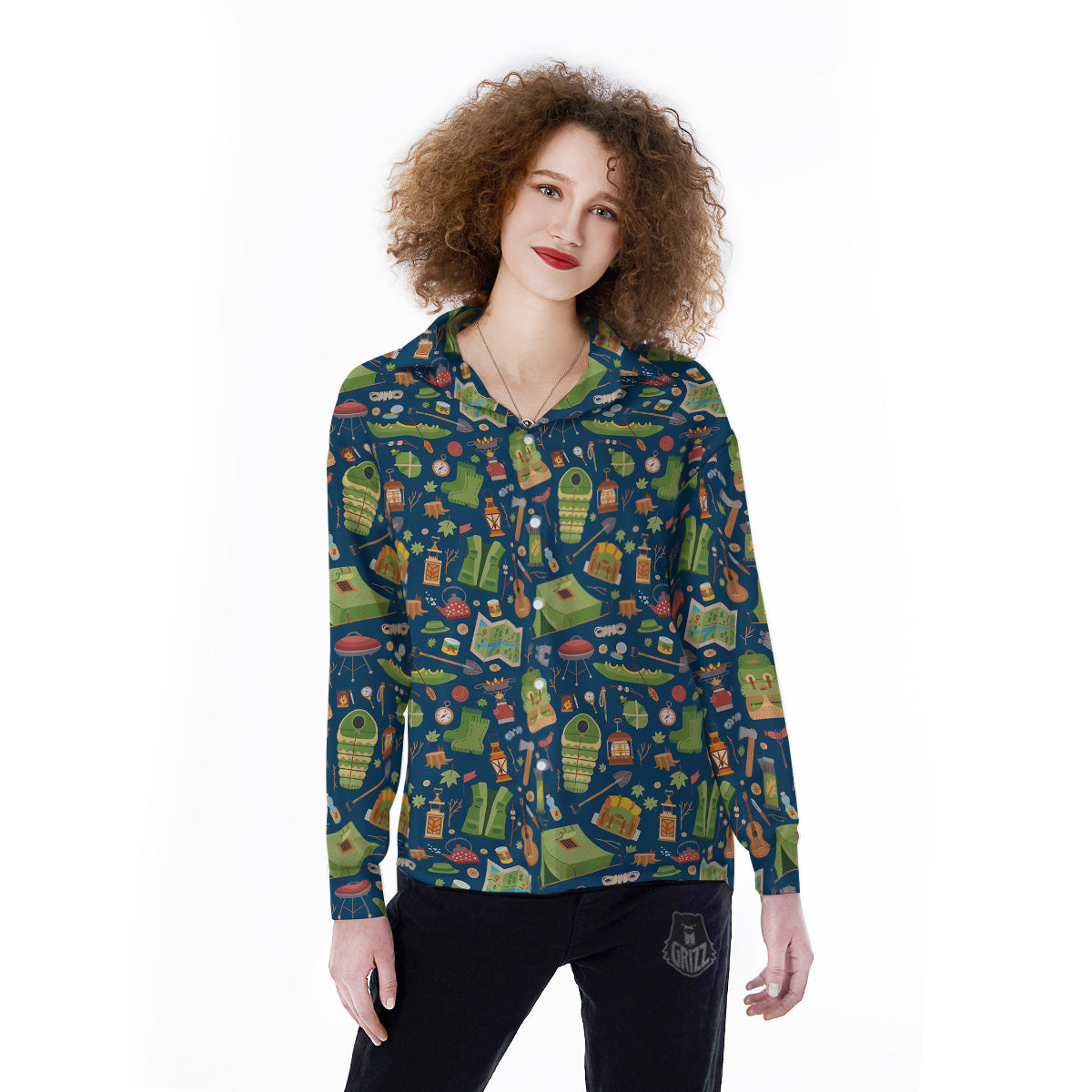 Cute Camping Equipment Print Pattern Women's Long Sleeve Shirts-grizzshop