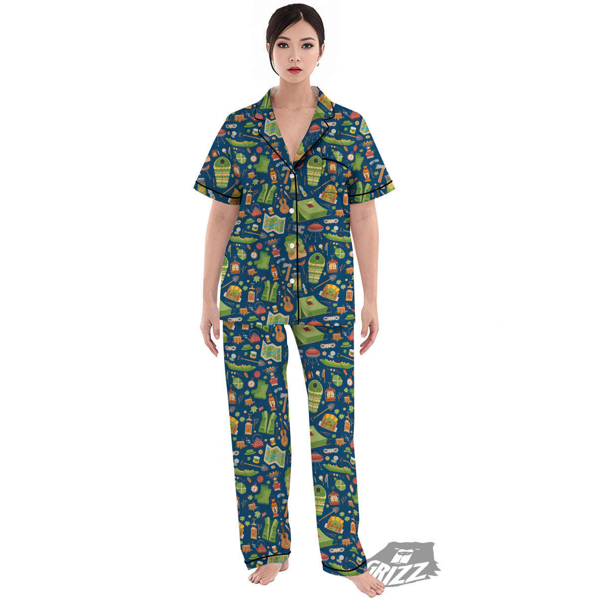 Cute Camping Equipment Print Pattern Women's Pajamas Set-grizzshop