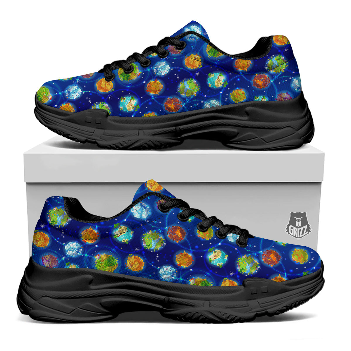 Cute Cartoon Planets Print Pattern Black Chunky Shoes-grizzshop