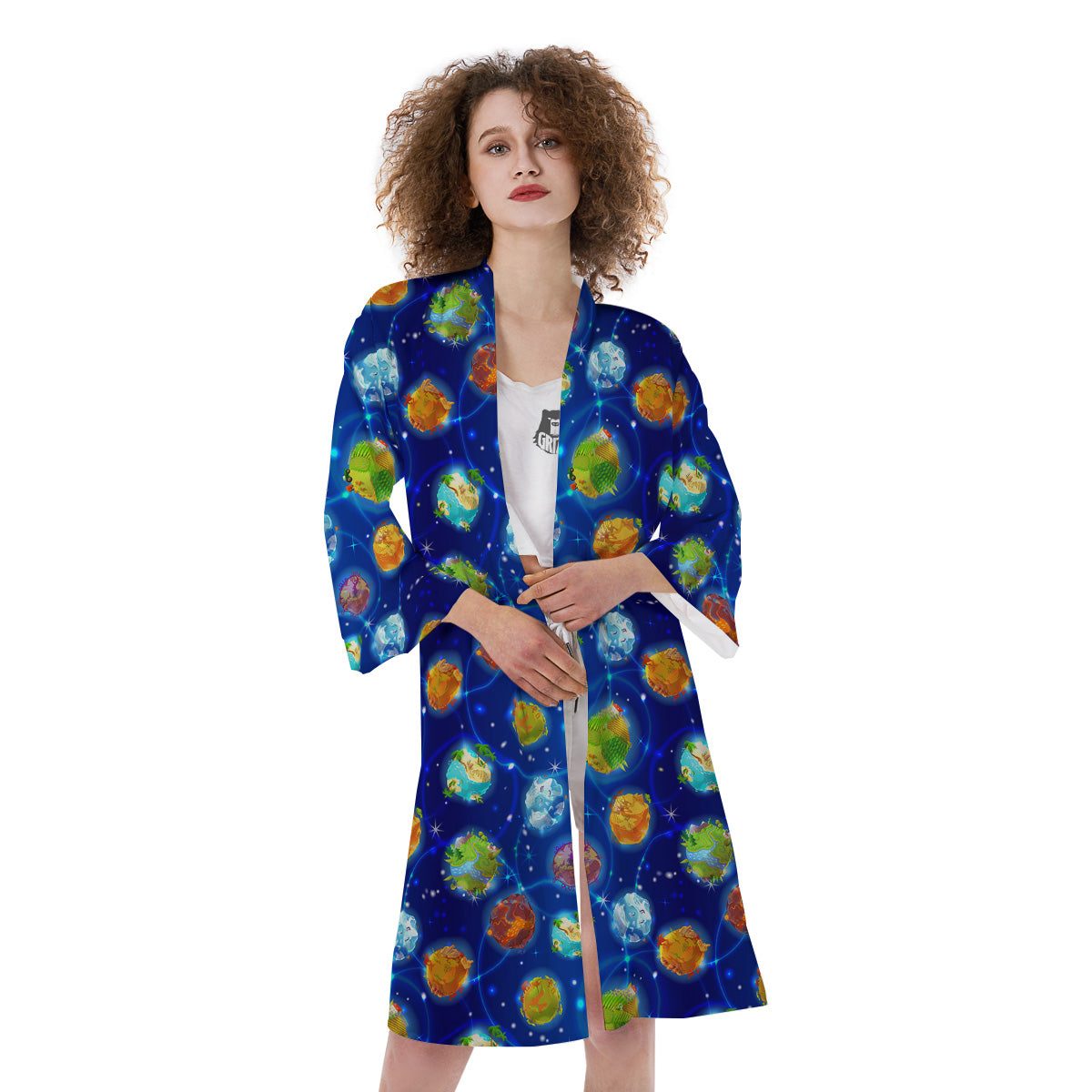 Cute Cartoon Planets Print Pattern Kimono-grizzshop