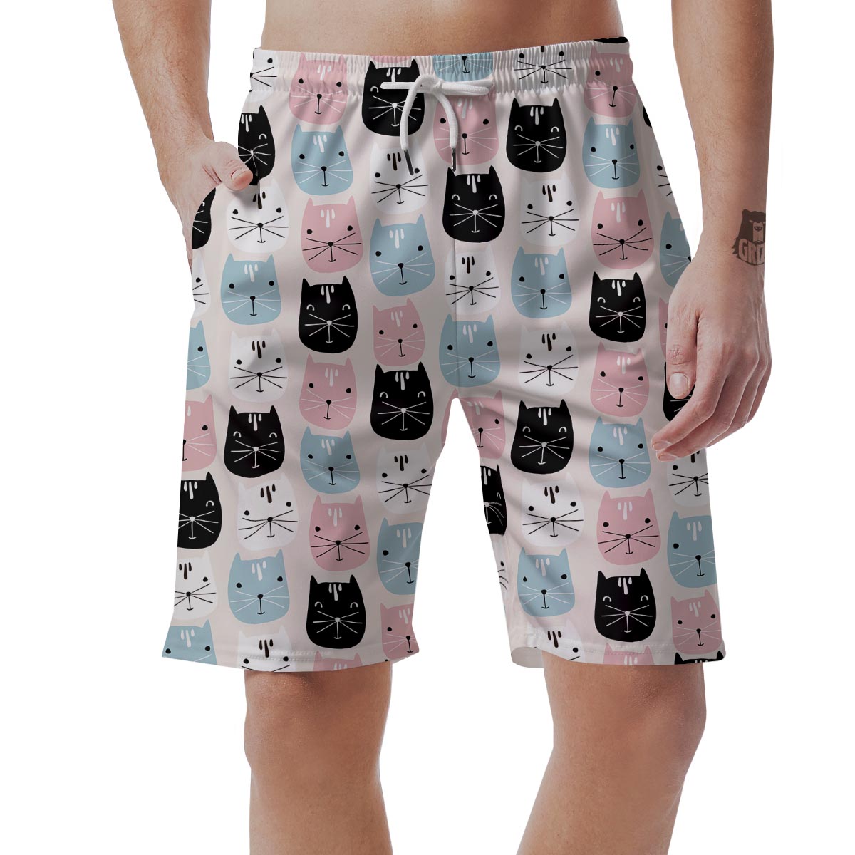 Cute Cat Face Print Men's Shorts-grizzshop