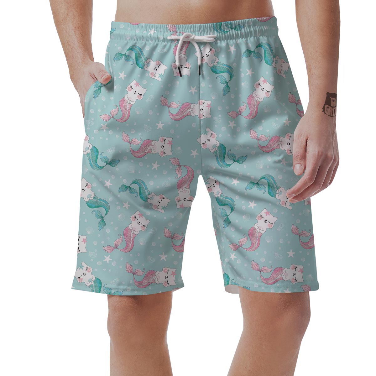 Cute Cat Mermaid Print Men's Shorts-grizzshop