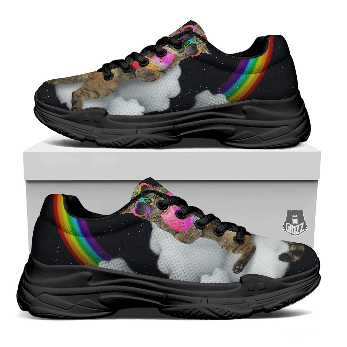 Cute Cat Unicorn Print Black Chunky Shoes-grizzshop