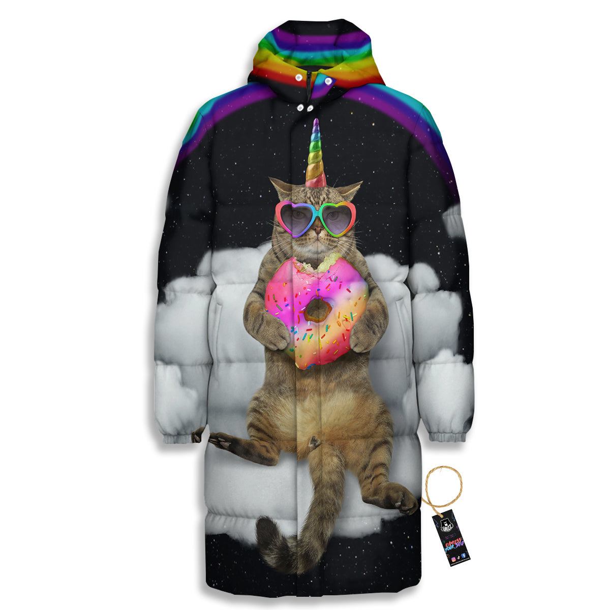 Cute Cat Unicorn Print Long Down Jacket-grizzshop