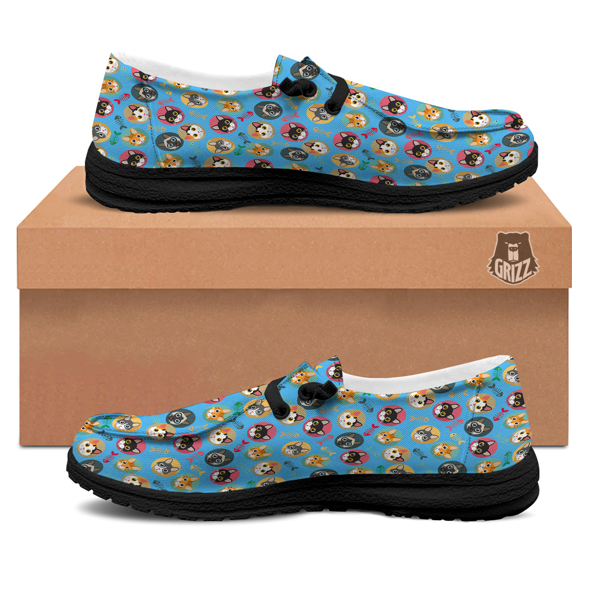 Cute Cats And Fishbone Colorful Print Pattern Black Loafers-grizzshop