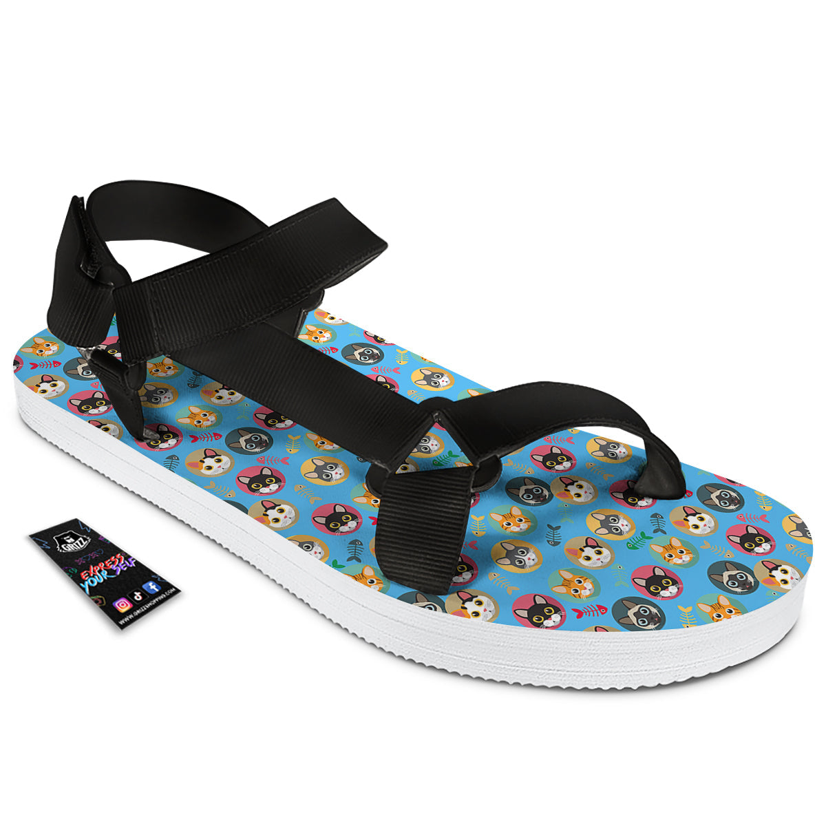 Cute Cats And Fishbone Colorful Print Pattern Black Open Toe Sandals-grizzshop