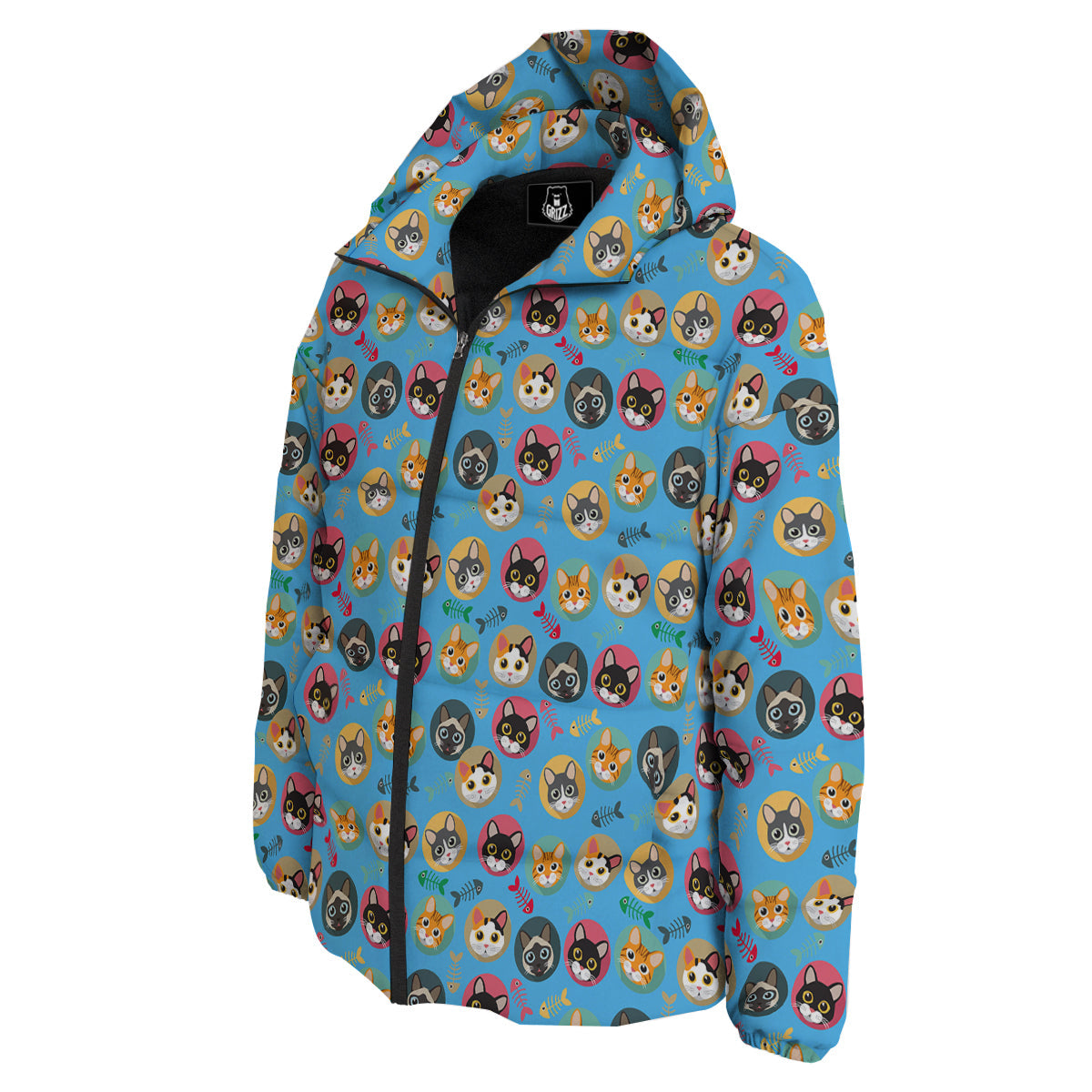 Cute Cats And Fishbone Colorful Print Pattern Down Jacket-grizzshop