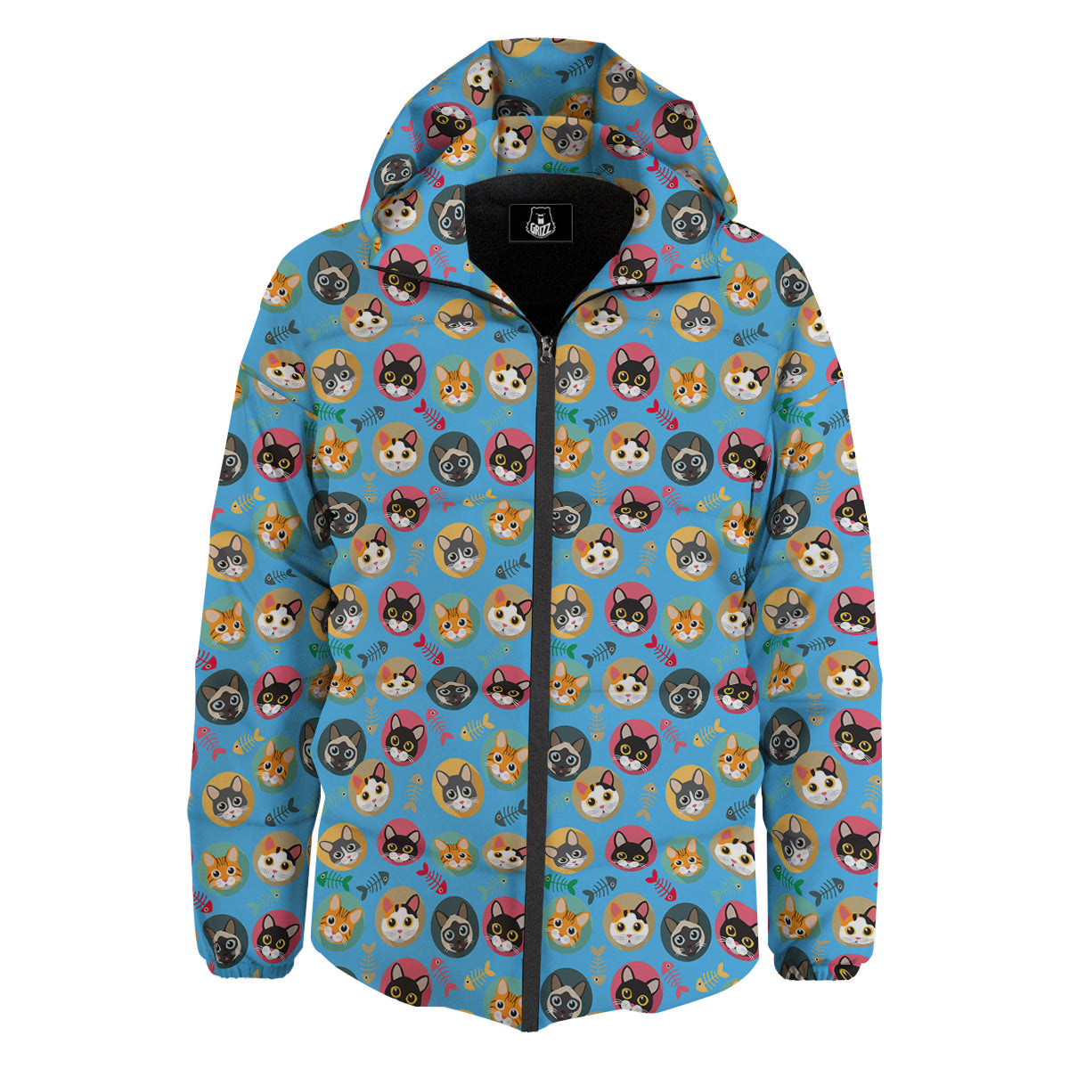 Cute Cats And Fishbone Colorful Print Pattern Down Jacket-grizzshop