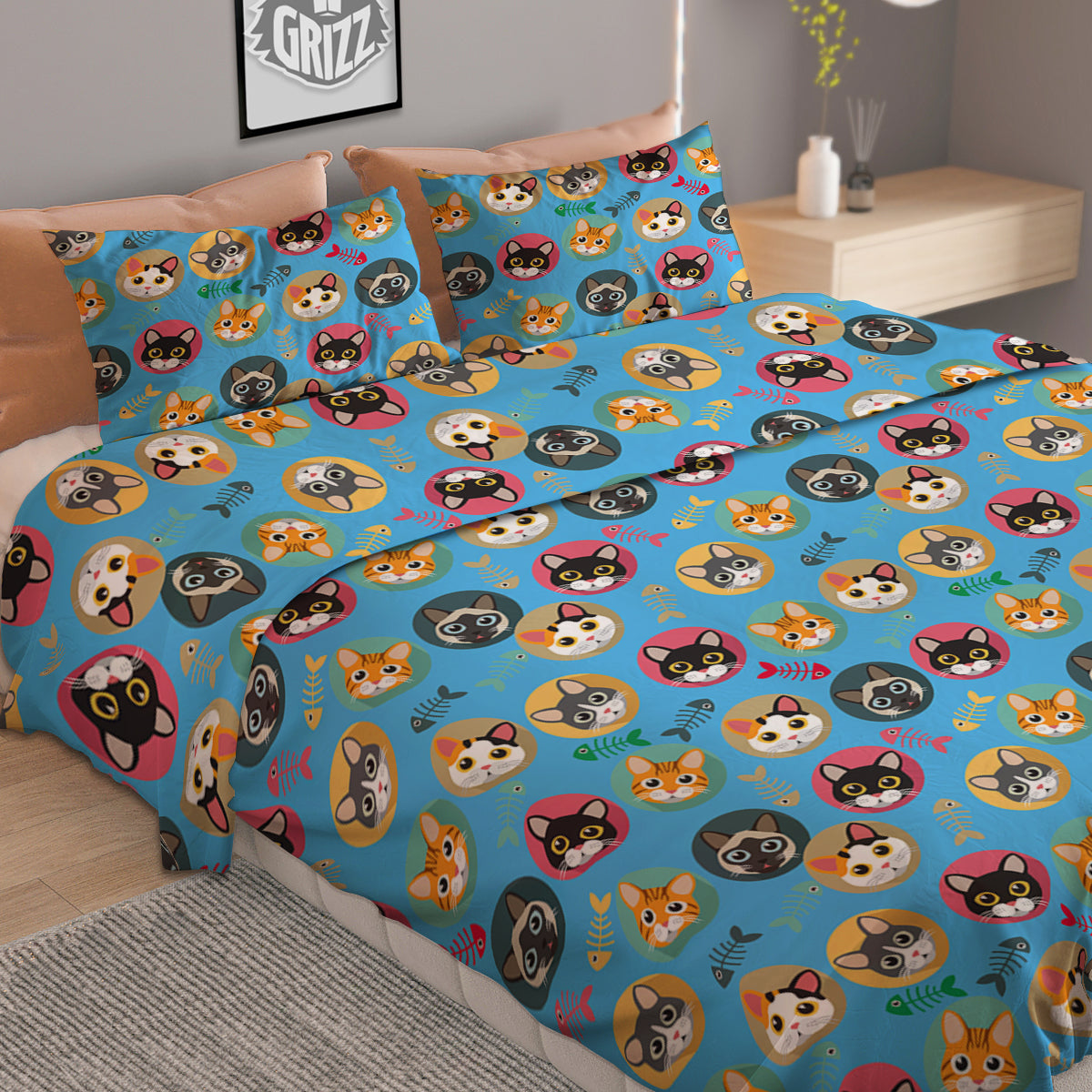 Cute Cats And Fishbone Colorful Print Pattern Duvet Cover Bedding Set