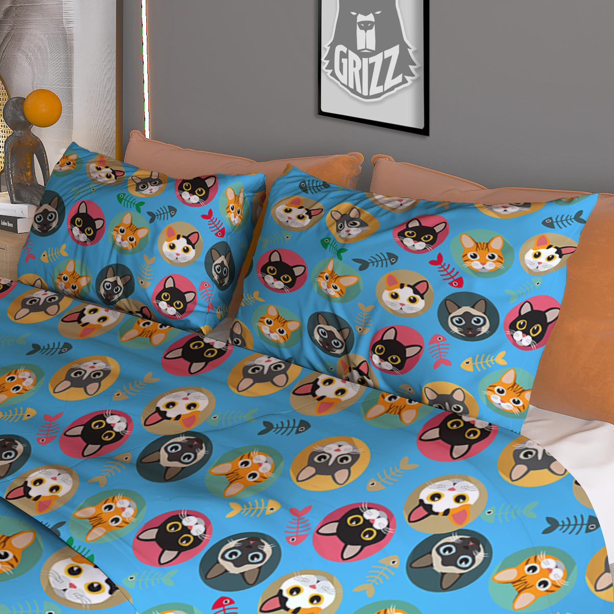 Cute Cats And Fishbone Colorful Print Pattern Duvet Cover Bedding Set