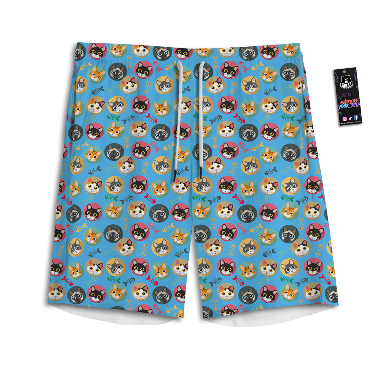 Cute Cats And Fishbone Colorful Print Pattern Men's Athletic Shorts