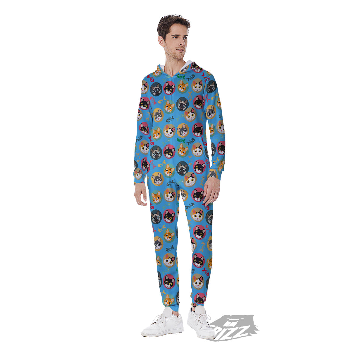 Cute Cats And Fishbone Colorful Print Pattern Men's Jumpsuit-grizzshop