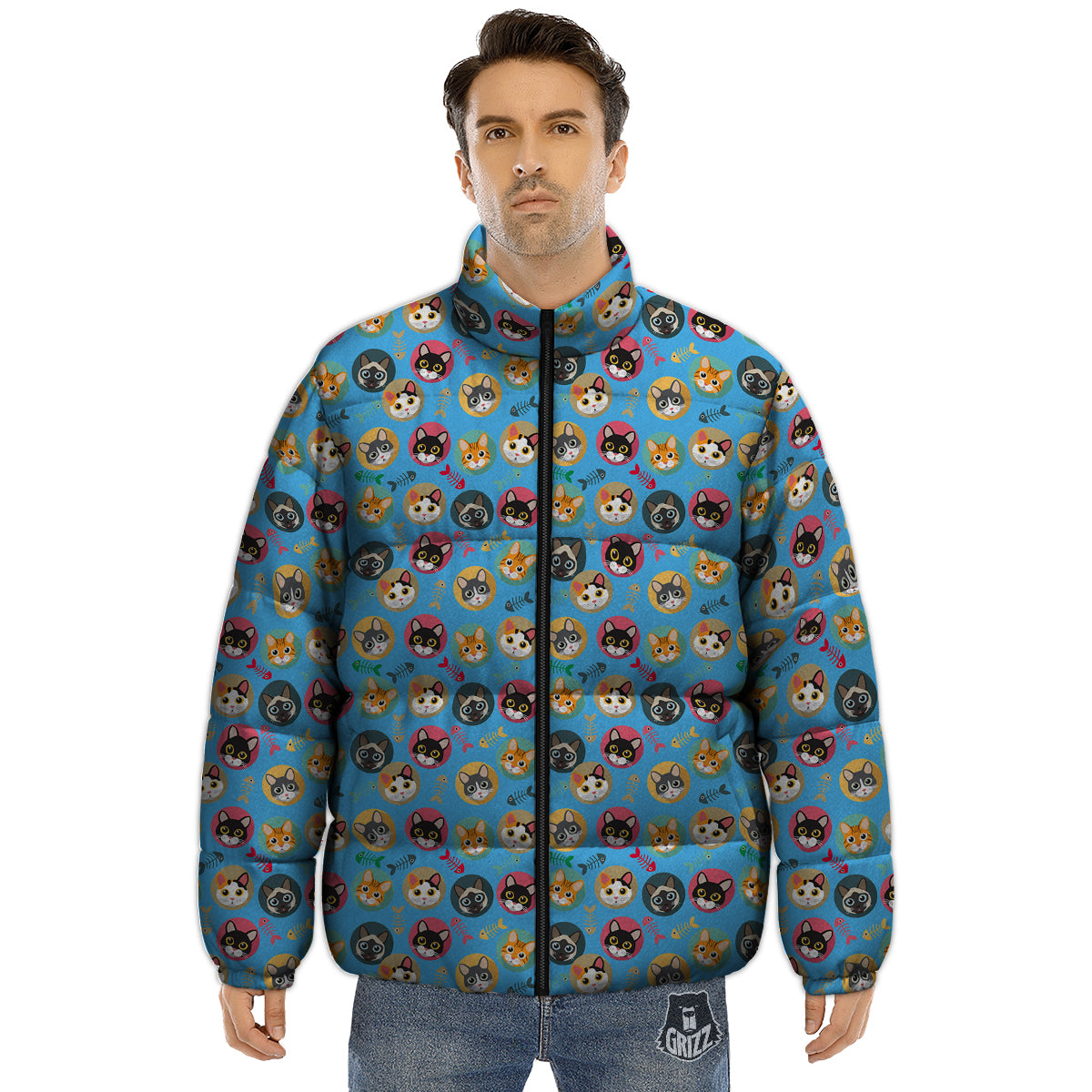 Cute Cats And Fishbone Colorful Print Pattern Puffer Jacket-grizzshop