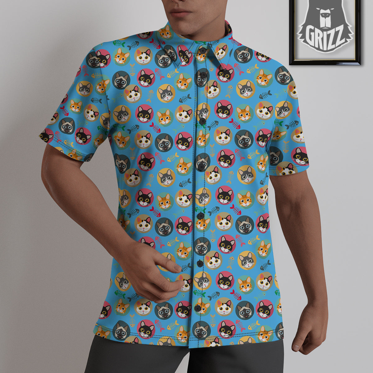 Cute Cats And Fishbone Colorful Print Pattern Untucked Shirts-grizzshop