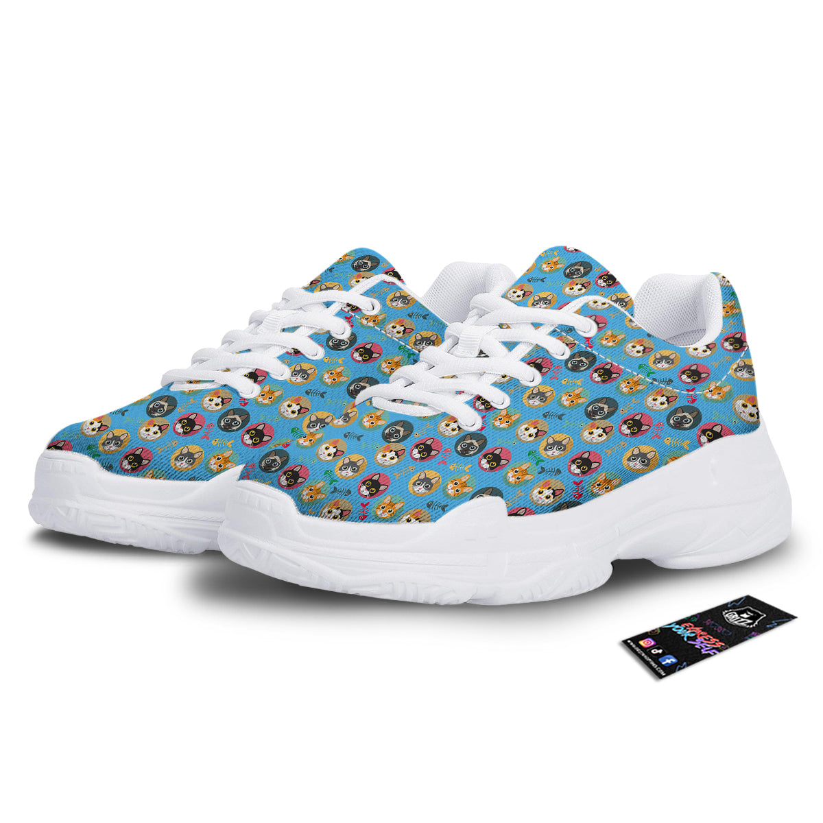 Cute Cats And Fishbone Colorful Print Pattern White Chunky Shoes-grizzshop