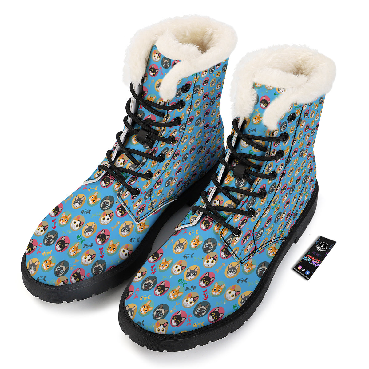 Cute Cats And Fishbone Colorful Print Pattern Winter Boots-grizzshop