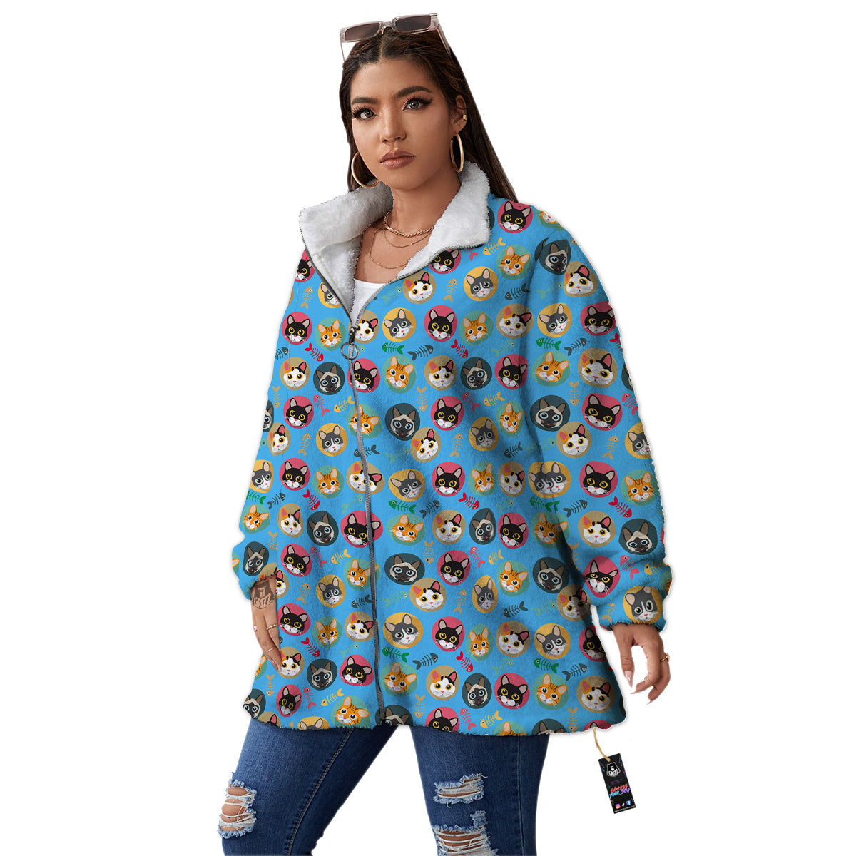 Cute Cats And Fishbone Colorful Print Pattern Women's Sherpa Jacket-grizzshop