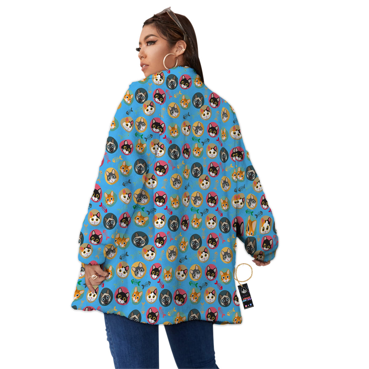 Cute Cats And Fishbone Colorful Print Pattern Women's Sherpa Jacket-grizzshop