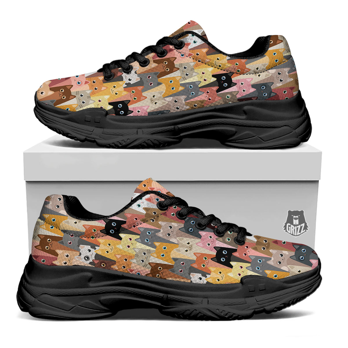 Cute Cats Cartoon Colorful Print Pattern Black Chunky Shoes-grizzshop