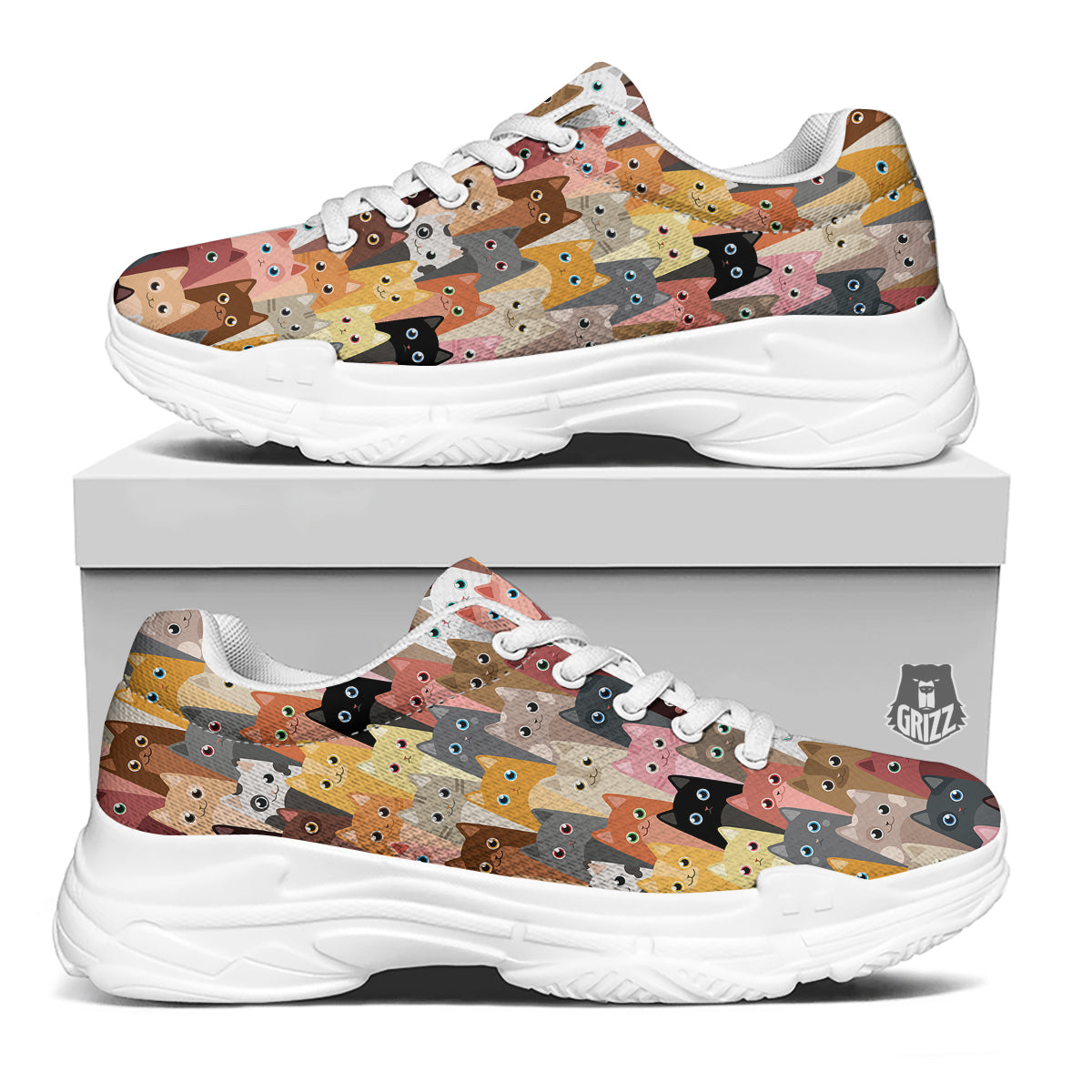 Cute Cats Cartoon Colorful Print Pattern White Chunky Shoes-grizzshop