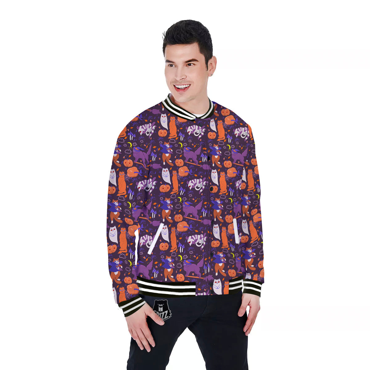 Cute Cats Halloween Print Pattern Baseball Jacket-grizzshop
