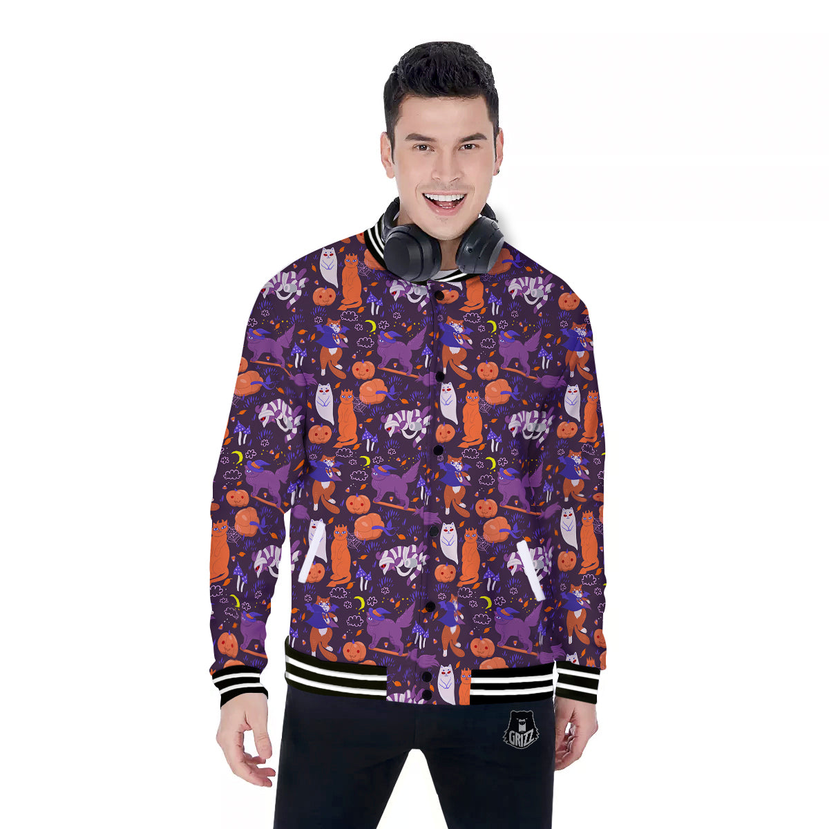 Cute Cats Halloween Print Pattern Baseball Jacket-grizzshop