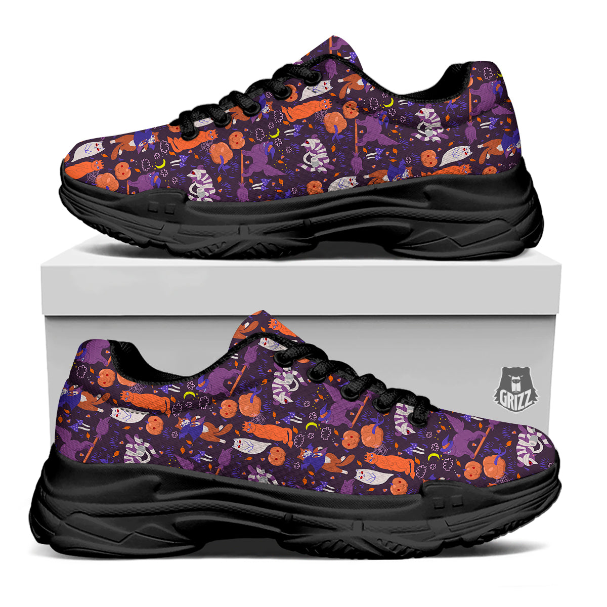 Cute Cats Halloween Print Pattern Black Chunky Shoes-grizzshop