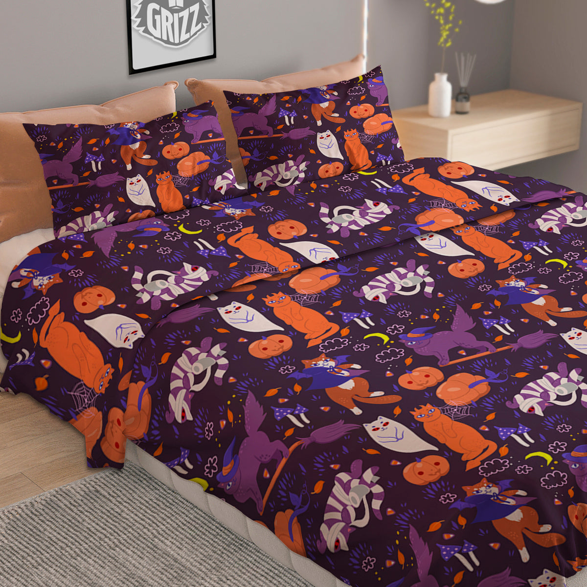 Cute Cats Halloween Print Pattern Duvet Cover Bedding Set