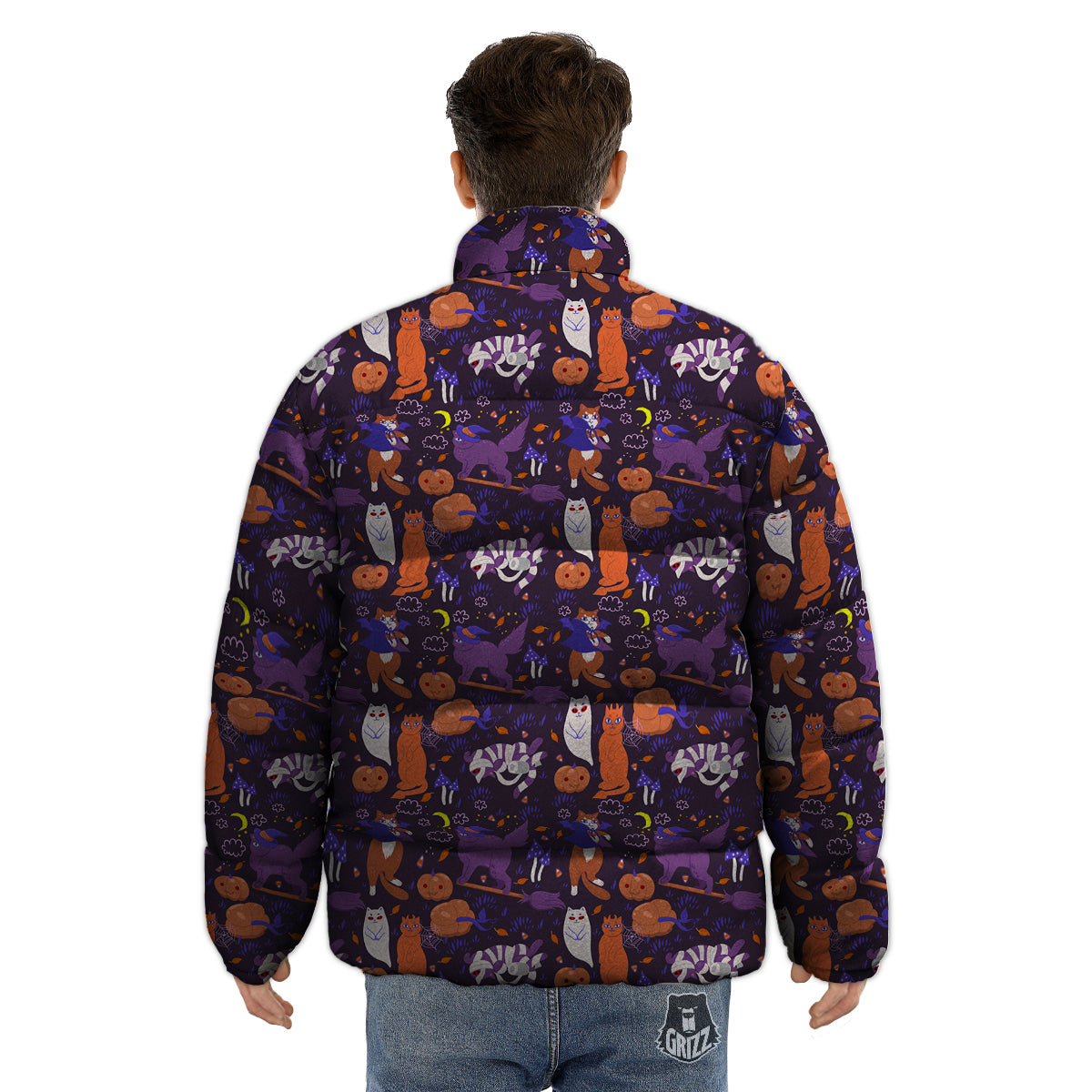 Cute Cats Halloween Print Pattern Puffer Jacket-grizzshop