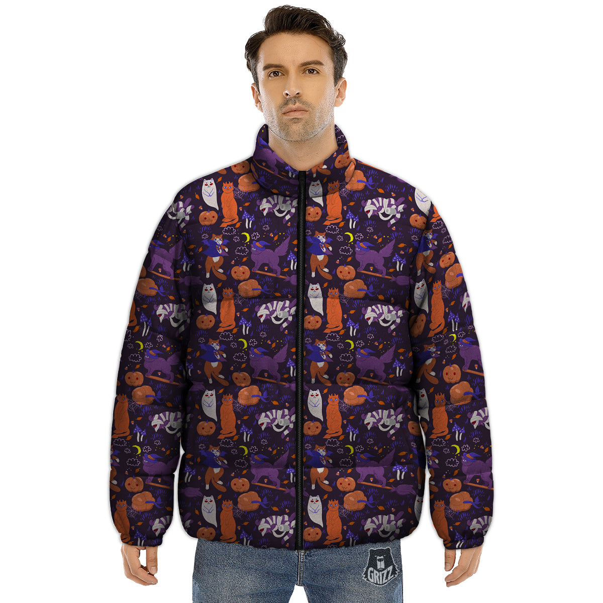 Cute Cats Halloween Print Pattern Puffer Jacket-grizzshop