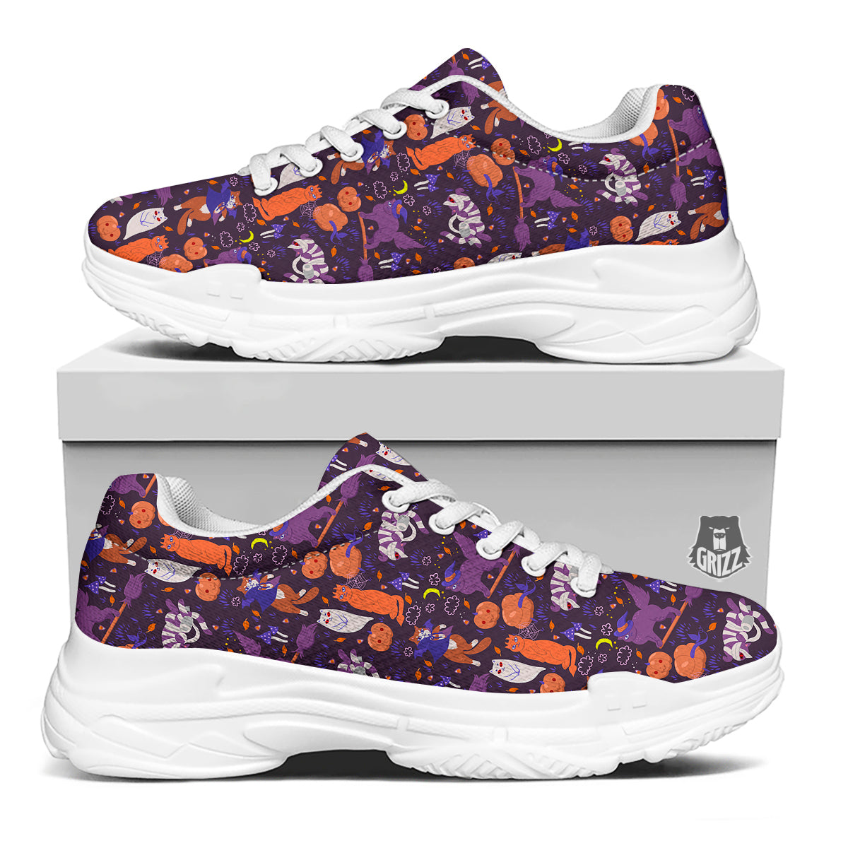 Cute Cats Halloween Print Pattern White Chunky Shoes-grizzshop