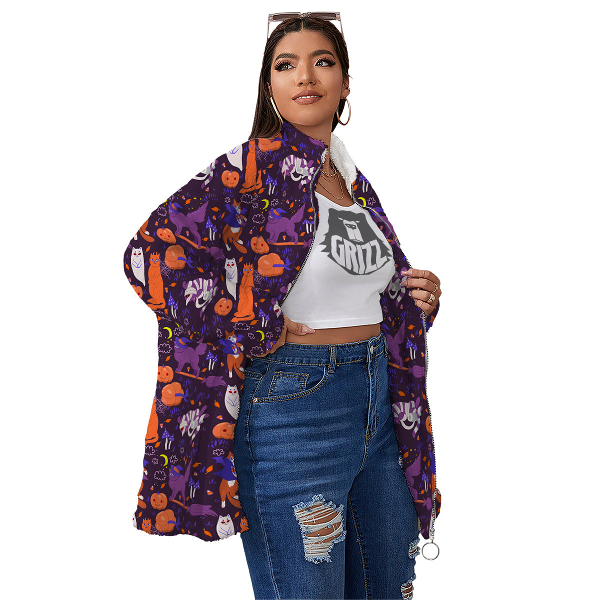 Cute Cats Halloween Print Pattern Women's Sherpa Jacket-grizzshop